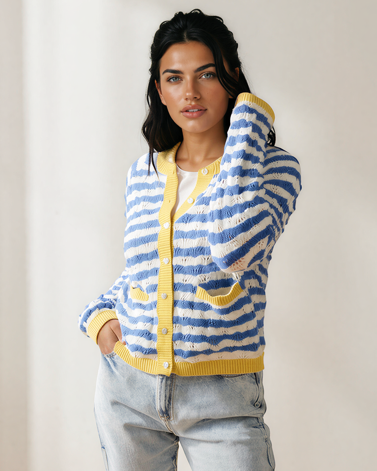 Olivia Striped Knit Cardigan Top in L view 3 - Fall Wardrobe Essential - Olivia Rubin Striped Cardigan
