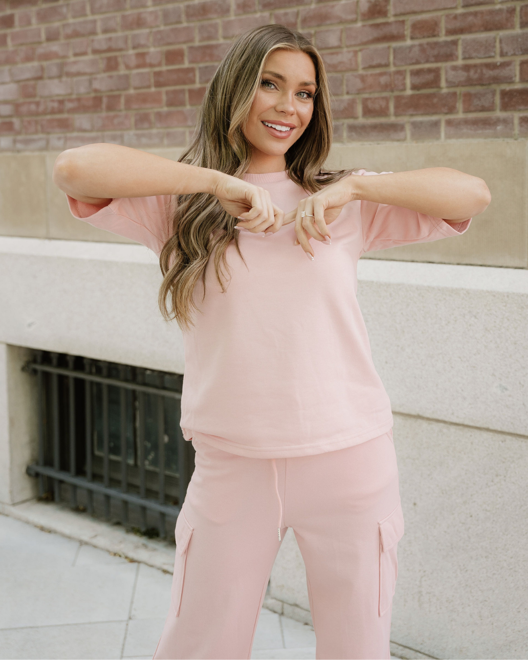 On the Go T-shirt & Cargo Sweatpants Set in Apricot Pink - T Shirt Cargo Set (top)