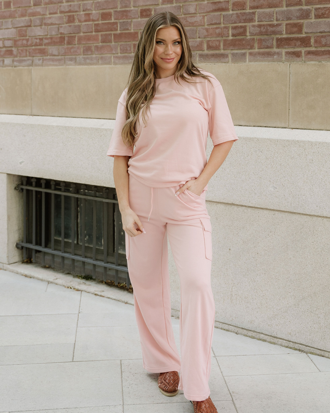 On the Go T-shirt & Cargo Sweatpants Set in Apricot Pink view 2 - T Shirt Cargo Set (top)