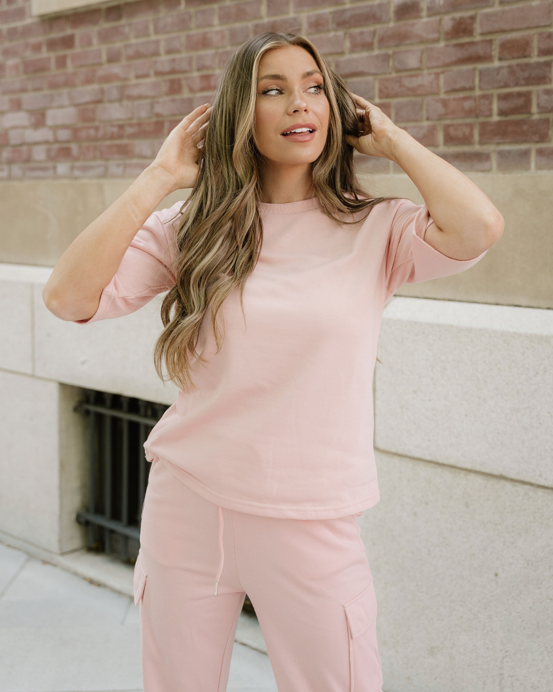 On the Go T-shirt & Cargo Sweatpants Set in Apricot Pink view 3 - T Shirt Cargo Set (top)