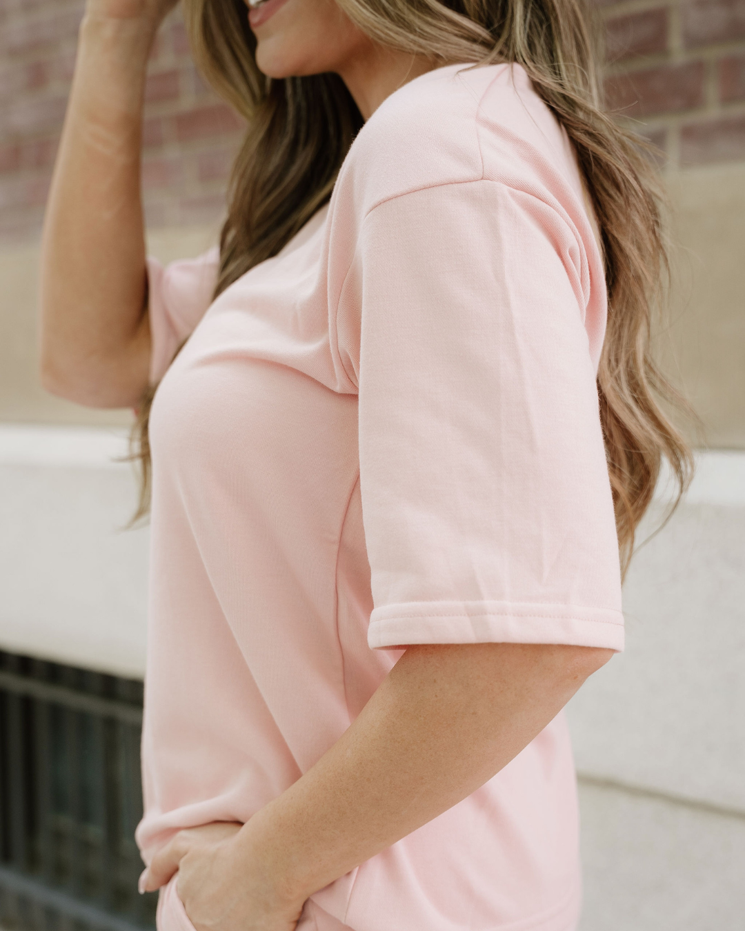 On the Go T-shirt & Cargo Sweatpants Set in Apricot Pink view 4 - T Shirt Cargo Set (top)