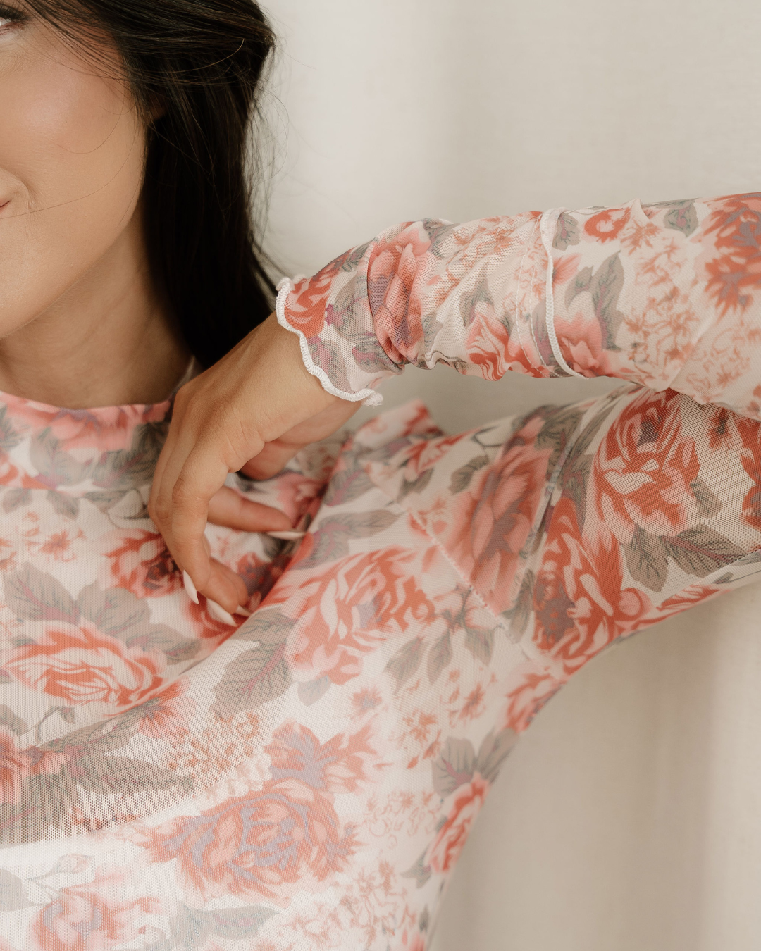 Ophelia Floral Print Mock Neck Mesh Long Sleeve Top view 7 - Long Top