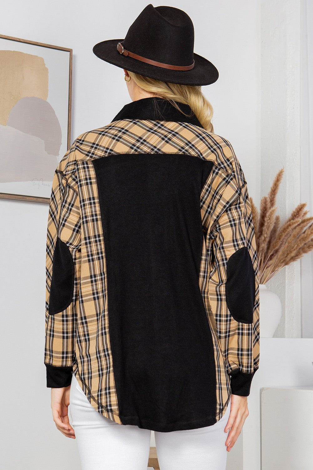 Orange Farm Oversized Elbow Patch Shacket-plaid view 10 - Relaxed Fit - How To Style (layer)