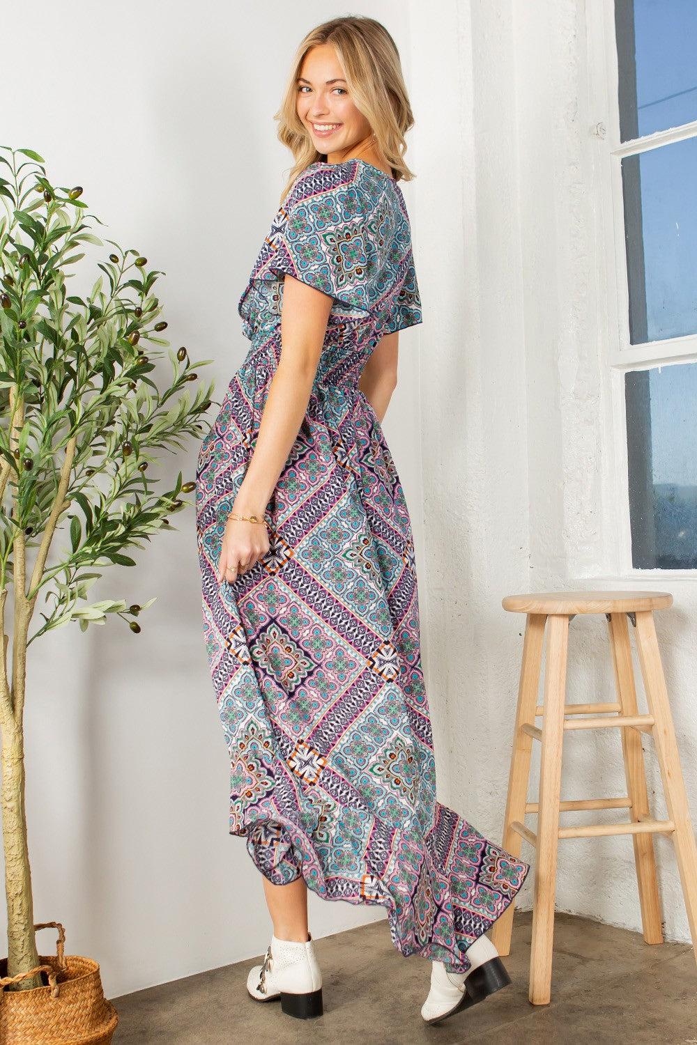 Orange Farm Tribal Print Wrap Dress with Waist Smocking view 6 - Tribal Print Dress Women