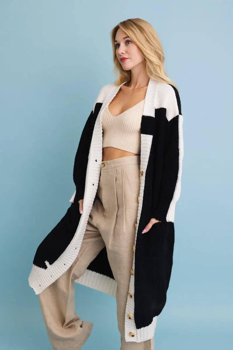 Oversized Color Block Button-up Knit Cardigan Top - MeeeShop Women's Fashion
