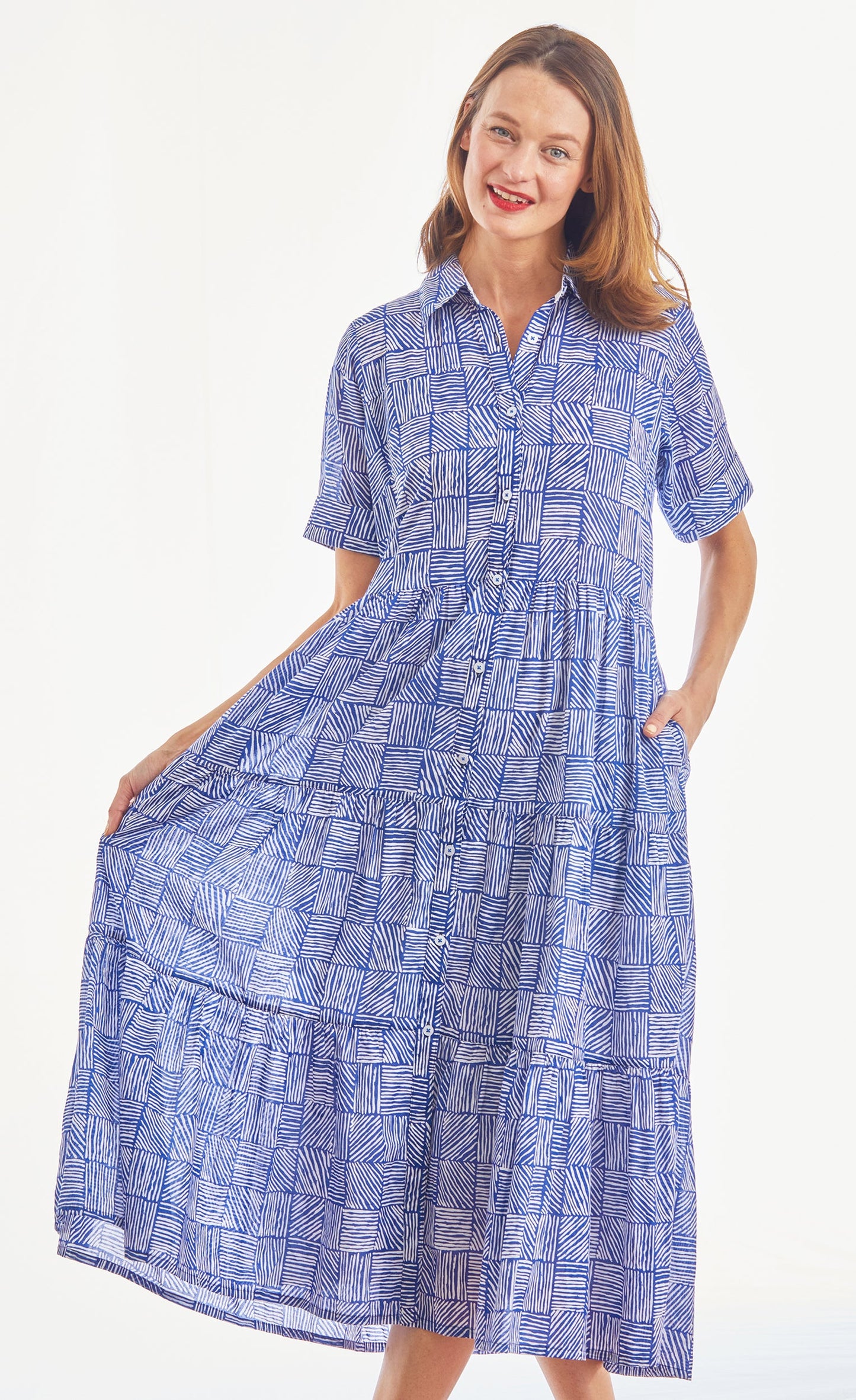 Palm Desert Long Dress, Cotton Voile Navy White Criss Cross Little Boxes in XL view 5 - Palm Desert Dress Shops