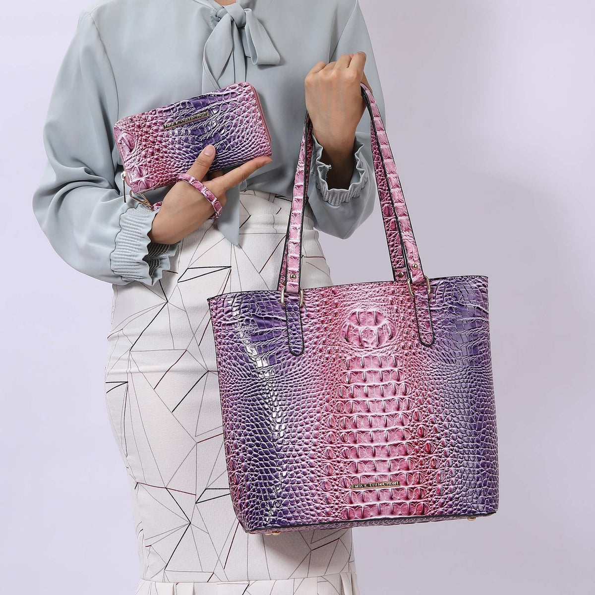 Piper Gradient Croc Tote Bag and Set in Croc Coral view 2 - Set Tote (one-piece)