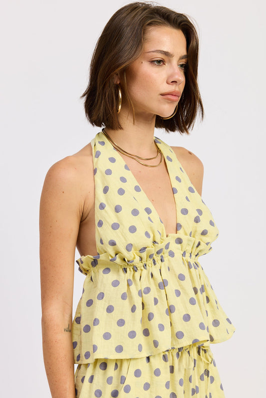 Pixie Halter Top in Butter Yellow Polka view 2 - Pixie Halter Top Garage