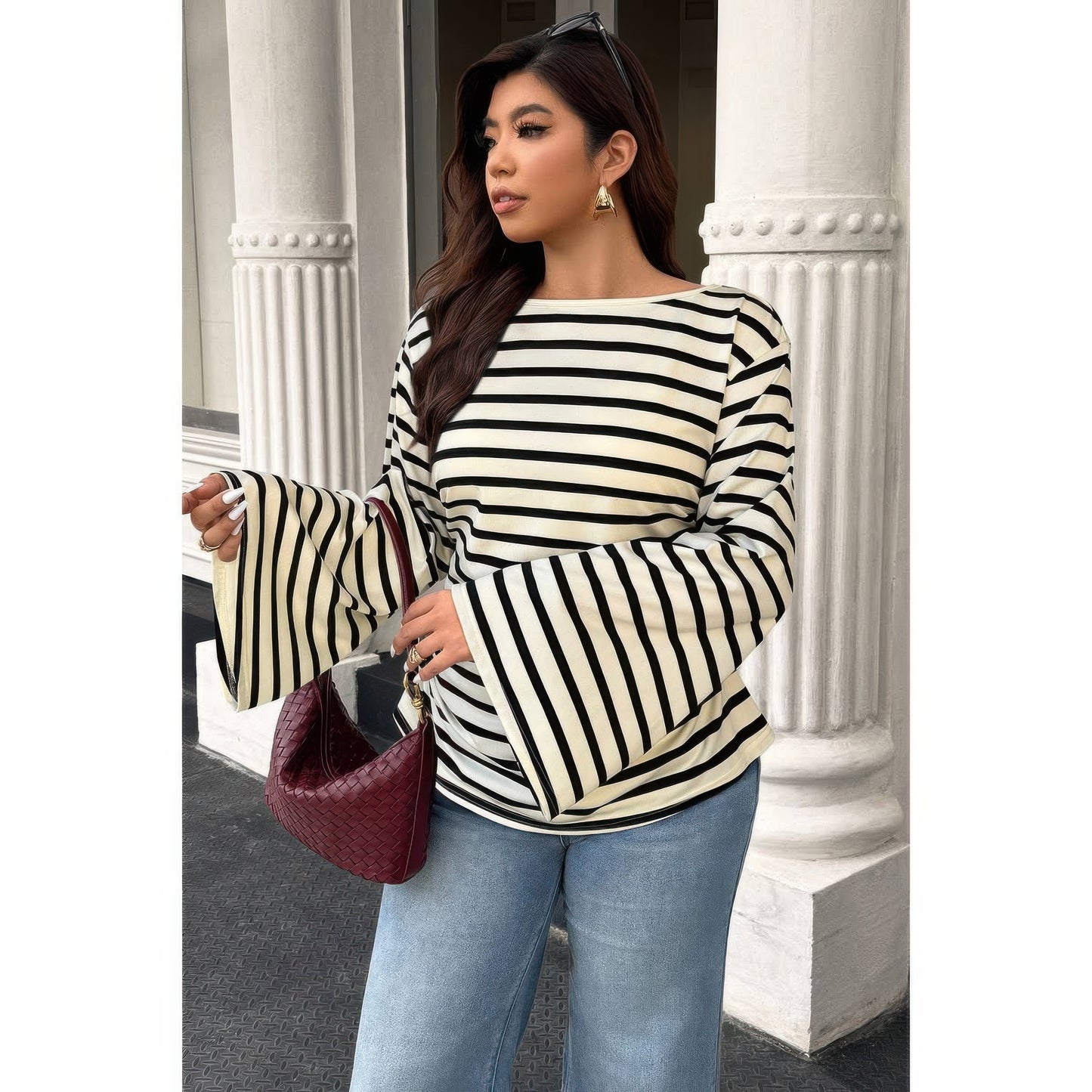 Plus Size Wide Long Sleeves Strip Fit Shirt in Black Stripe view 4 - Curvy Fit - Strip Shirt (top)