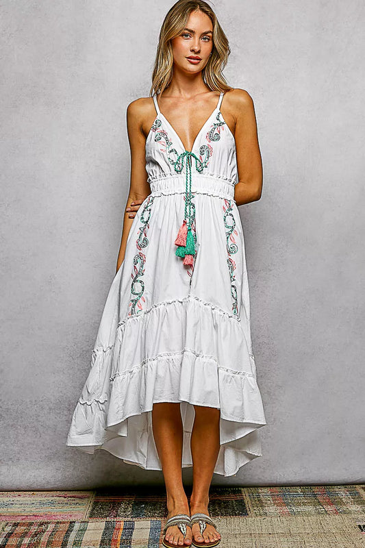 Pol Embroidered Detail Tassel Tie Smocked Waist Midi Tiered Cami Dress in IVORY view 2 - Pol Dress