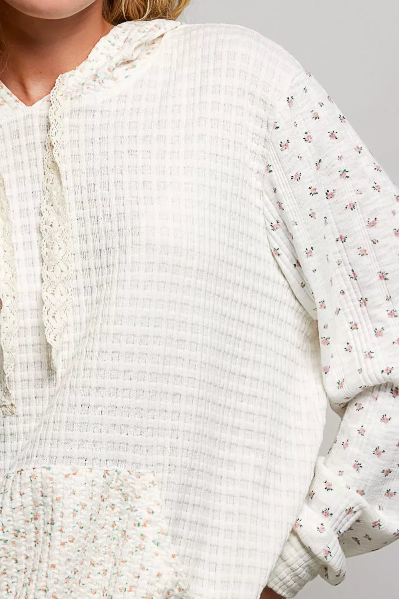 Pol Mixed Knit Contrast Print Sleeve Hoodie with Kangaroo Pocket view 6 (top) - pol hoodie, pol pocket - shop at us.meeeshop