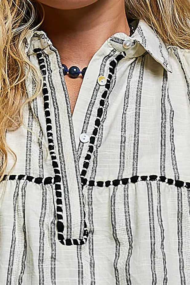 pol striped ruffle Pol Striped Ruffle Collared Sleeveless Cotton Top view 6 (top) - shop at us.meeeshop
