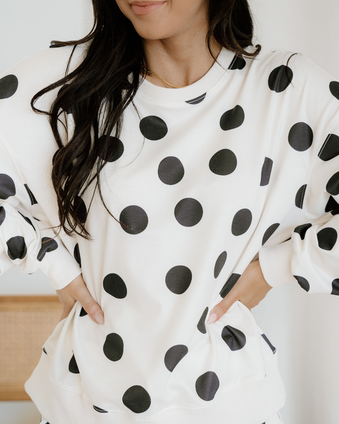 Polka Dot Pullover Drawstring Jogger Pant Set in Beige view 3 - Pol Pullover (top)