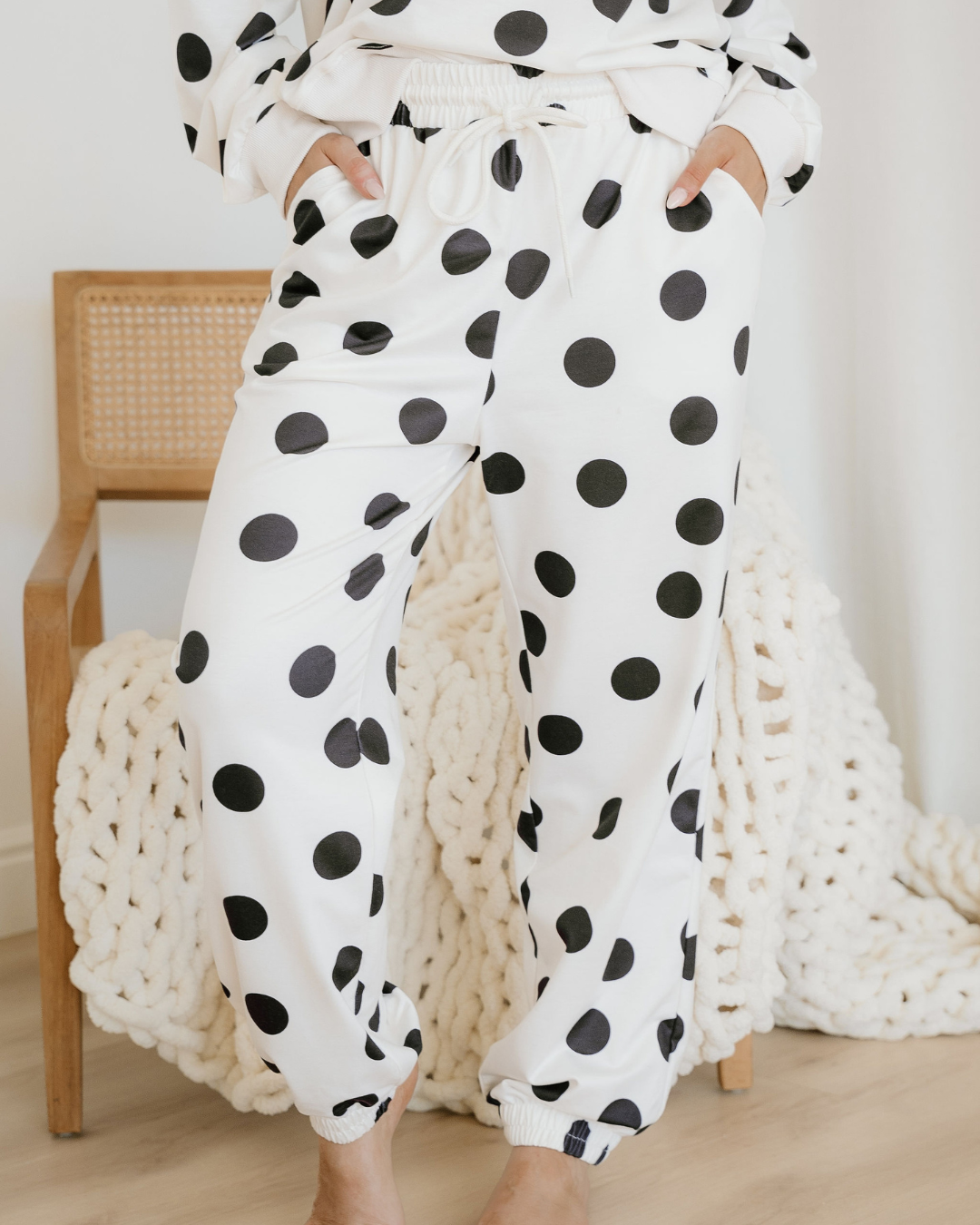 Polka Dot Pullover Drawstring Jogger Pant Set in Beige view 4 - Pol Pullover (top)