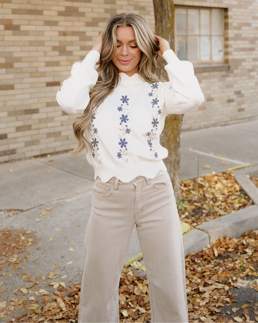 Polly Floral Embroidered Scallop Hem Cropped Sweater view 5 - Pol Floral Sweater (top)