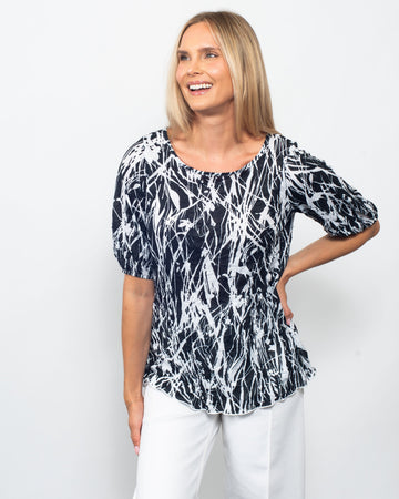 Printed Crinkle Bubble Sleeve Top in Mineral Cut view 2 - Cotton Traders Printed Crinkle Top
