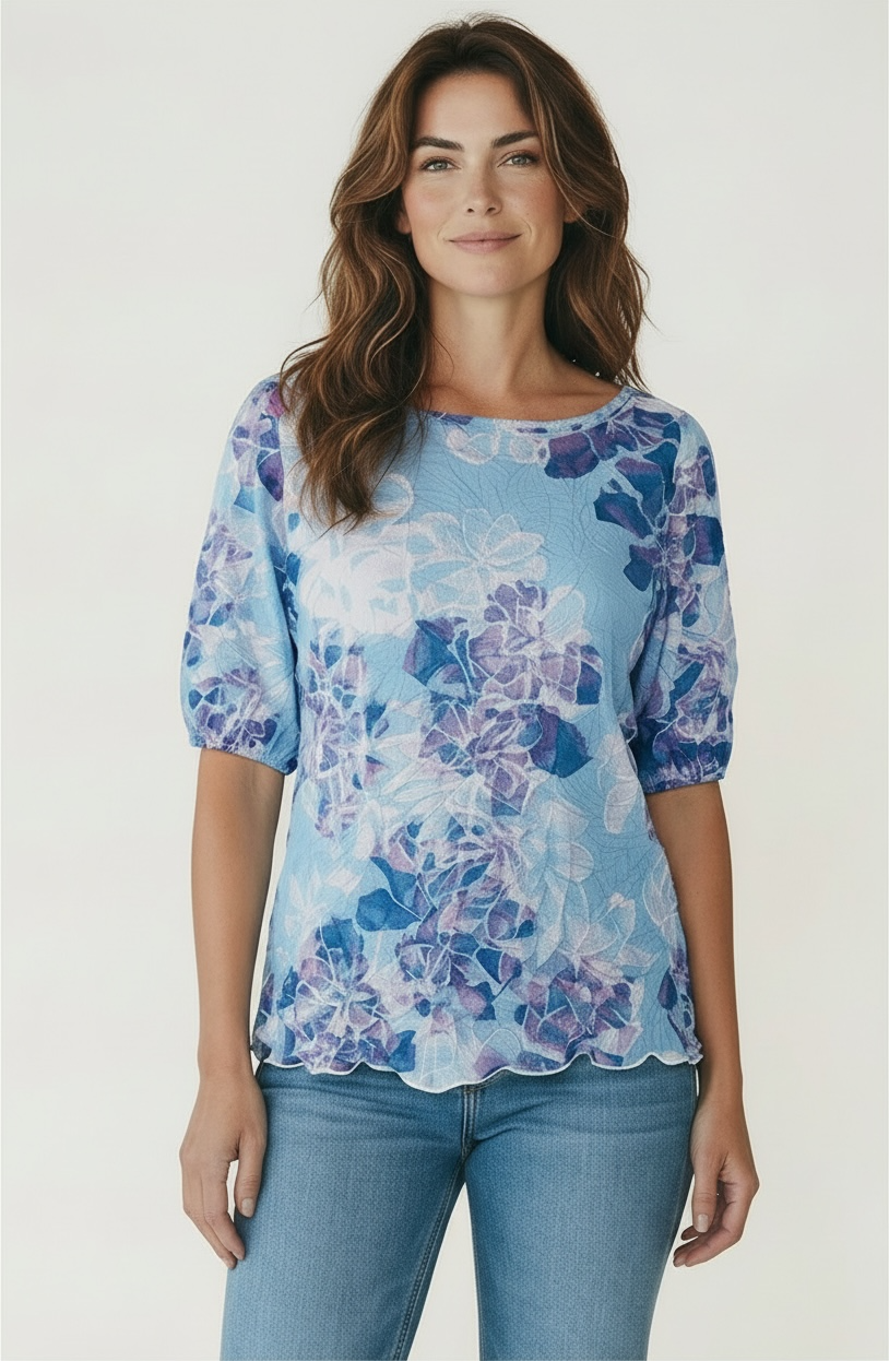 Printed Crinkle Bubble Sleeve Top in Mineral Cut view 6 - Cotton Traders Printed Crinkle Top