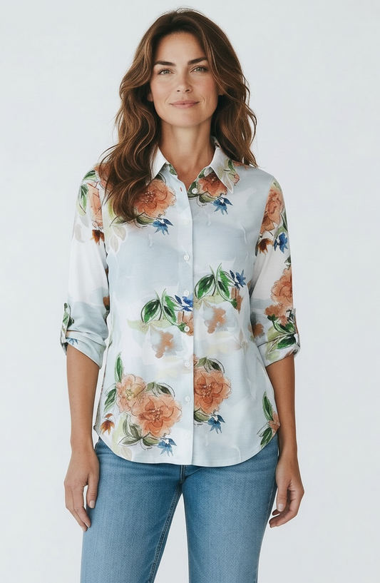Printed Viscose Buttoned Shirt with Tab Sleeve in Fresco view 2 - Viscose Print Sleeveless Midi Dress (top)