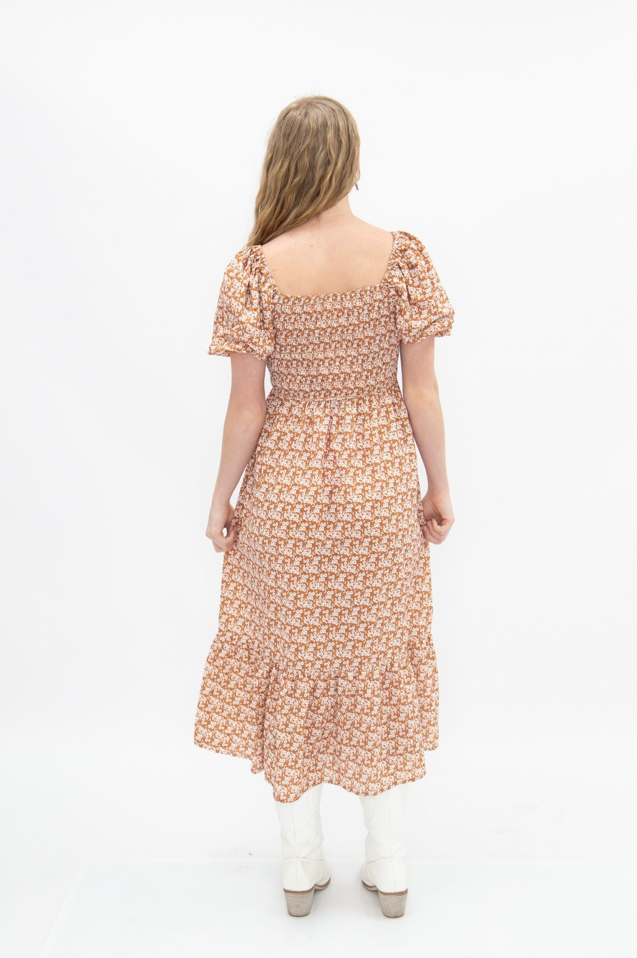 Puff Sleeve Midi Dress, Rust Floral in Rust view 5 - Puff Midi Dress With Sleeves