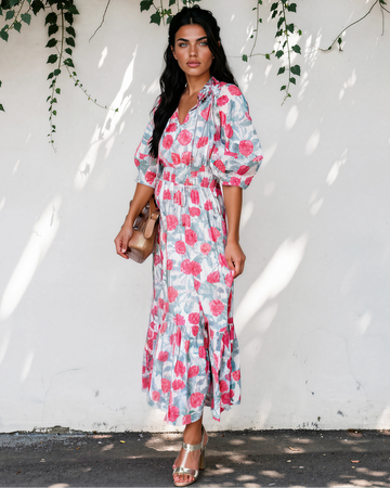 Red Elegant Floral Puff Sleeve Midi Dress in M view 2 - Red Elegant Dresses For Women