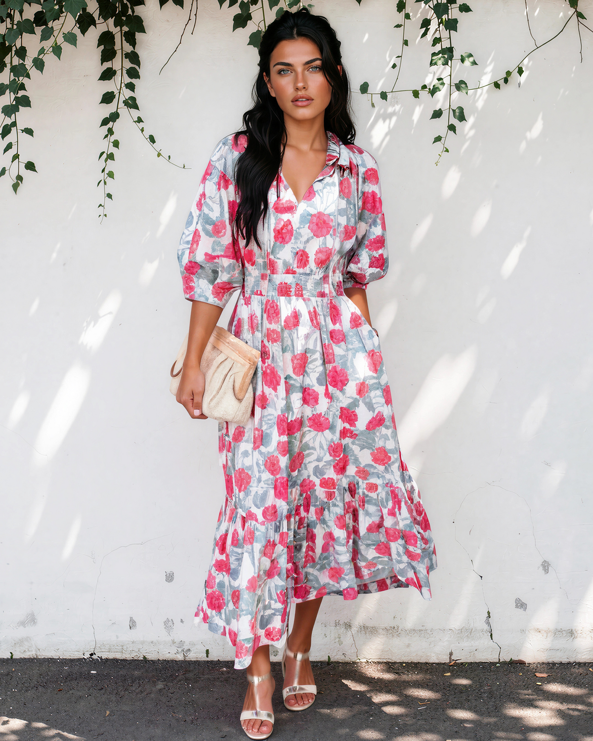 Red Elegant Floral Puff Sleeve Midi Dress in S - Red Elegant Dresses For Women
