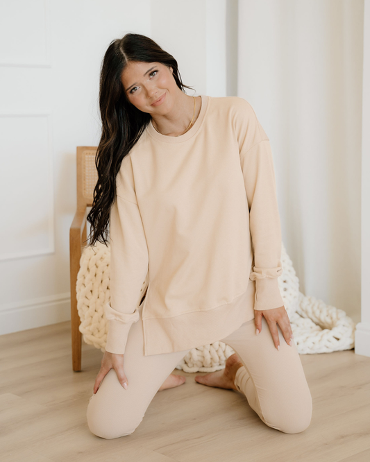 Remi Solid Color Oversize Slit Sweatshirt Ribbed Leggings 2pcs Set - Jet Stream in Jet Stream view 2 - Set Jet (top)
