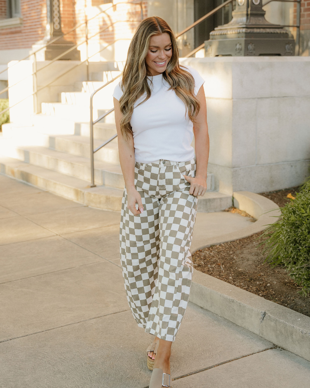Riley Checkered Print Denim Barrel Pants in 14 view 6 (bottom)