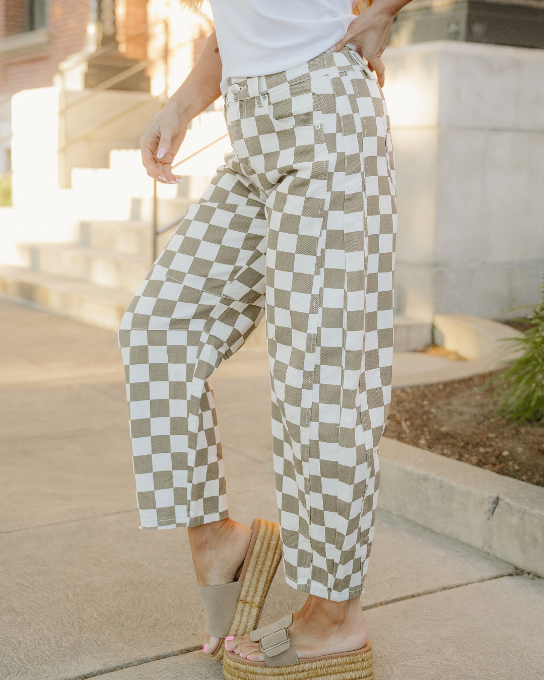 Riley Checkered Print Denim Barrel Pants in 8 view 3 (bottom)