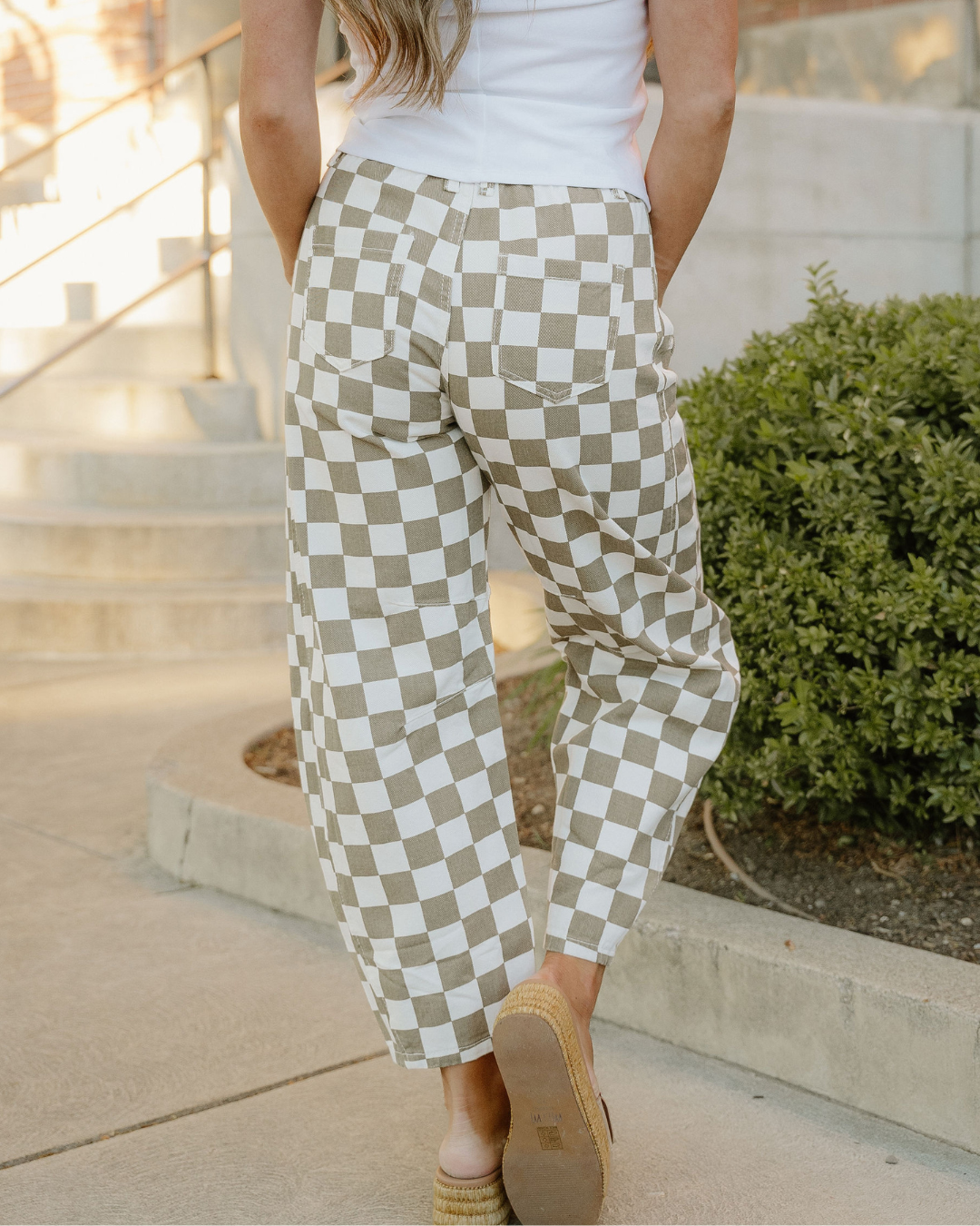 Riley Checkered Print Denim Barrel Pants view 8 (bottom)