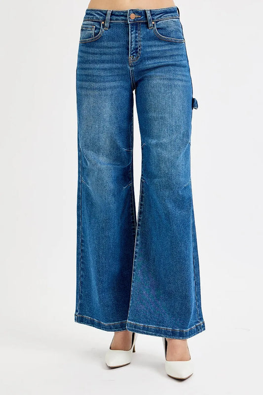 Risen Full Size High Rise Wide Leg Patch Detailed Jeans plus Size in DARK view 2 - High-Waisted - Plus Jeans (bottom)