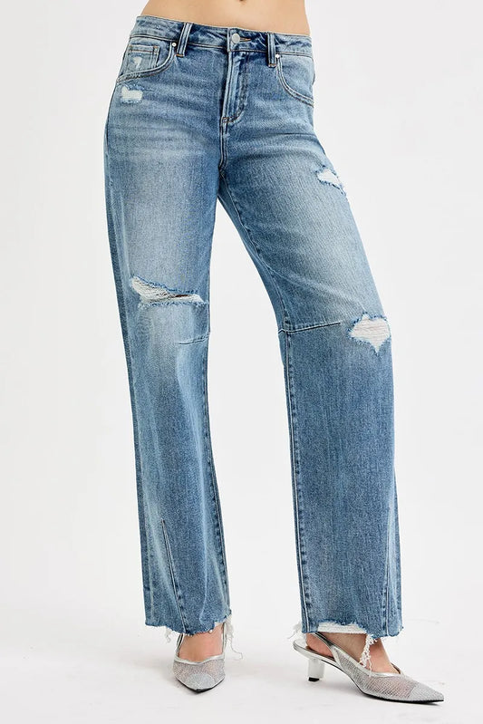 Risen Full Size Mid Rise Fit Wide Baggy Leg Tie Washed Jeans plus Size in MEDIUM view 2 - Curvy Fit - Plus Jeans