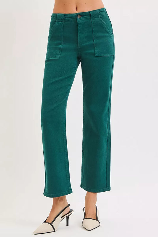 Risen High Rise Ankle Flare Patch Pocket Jeans in HUNTER GREEN view 2 - High-Waisted - Rise High Jeans (bottom)