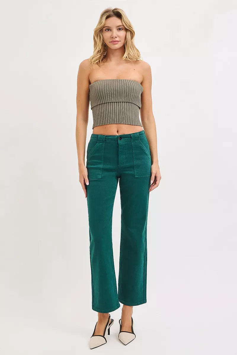 Risen High Rise Ankle Flare Patch Pocket Jeans in HUNTER GREEN view 6 - High-Waisted - Rise High Jeans (bottom)