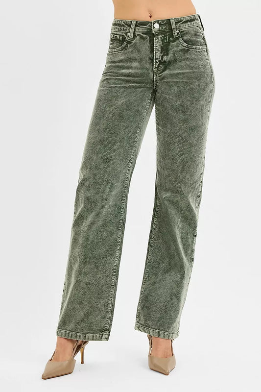 Risen Tummy Control Mid Rise Straight Leg Corduroy Pants in FOREST view 2 - Curvy Fit - Risen Tummy Control Pants
