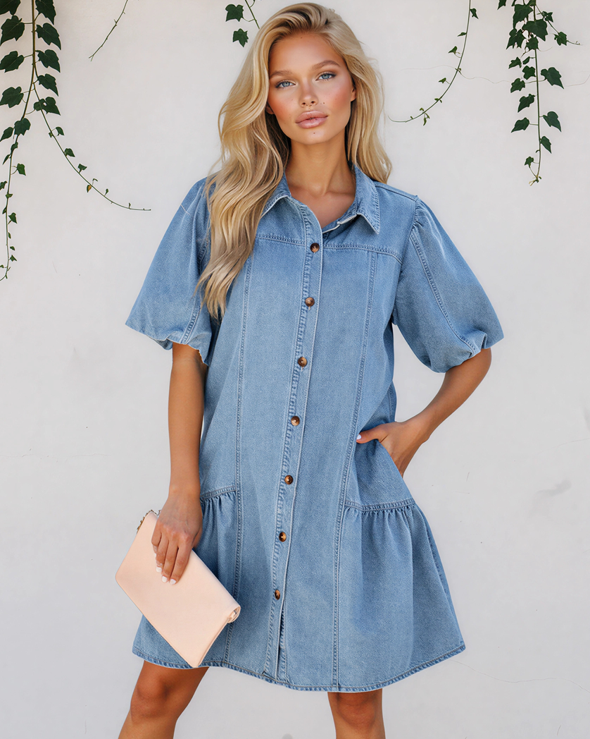 Rowen Puff Sleeve Ruffle Hem Patchwork Denim Dress in S - Casual Office Outfit