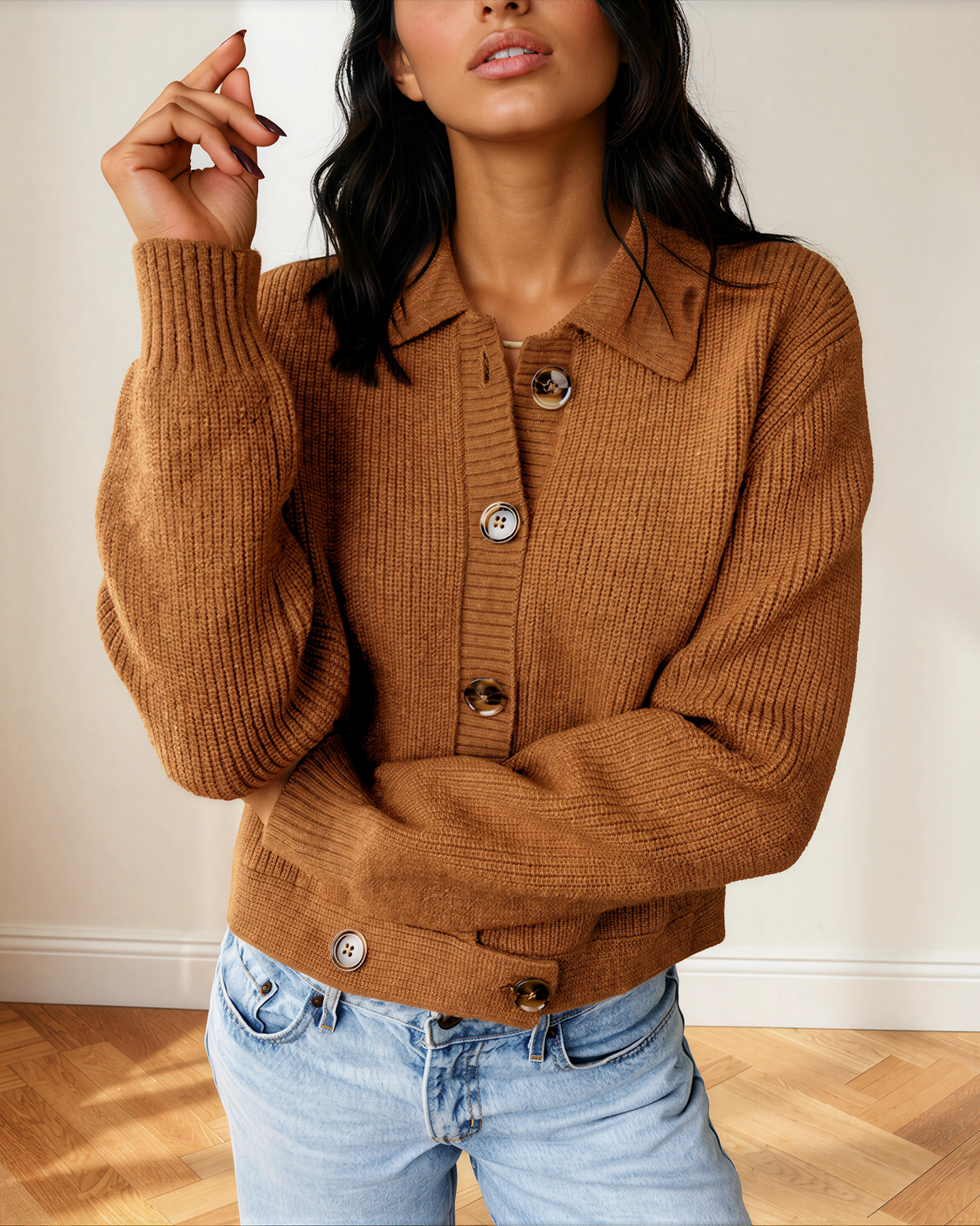 Scottie Ribbed Knit Collar Button Front Long Sleeve Cardigan Top in L view 3 - Fall Wardrobe Essential - Top Cardigan