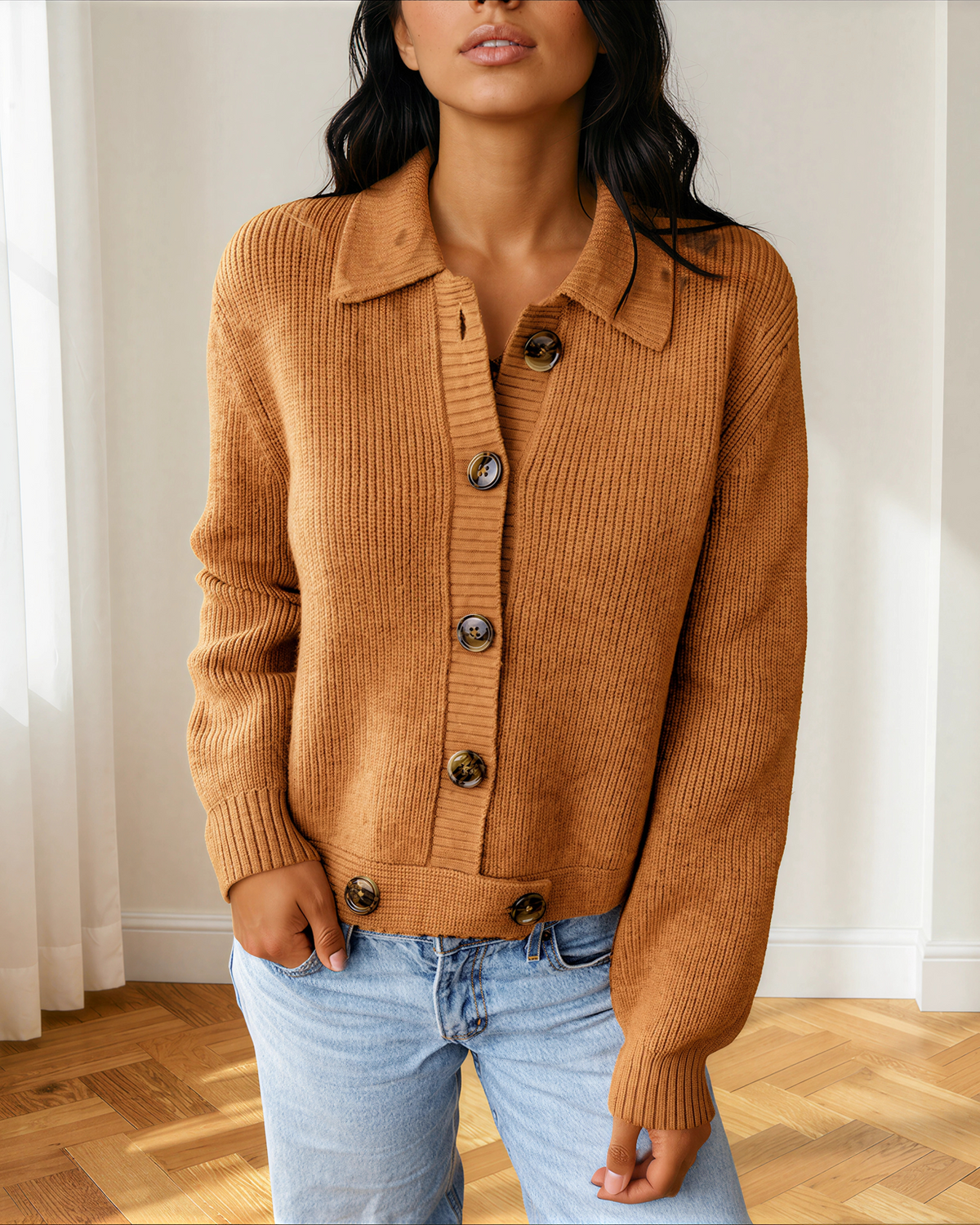 Scottie Ribbed Knit Collar Button Front Long Sleeve Cardigan Top view 5 - Fall Wardrobe Essential - Top Cardigan