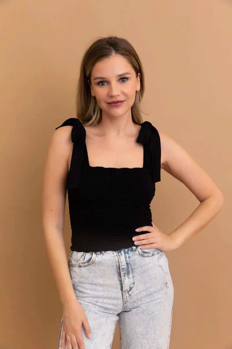 Seamless Vertical Smocked Tie Shoulder Top π - MeeeShop Women's Fashion