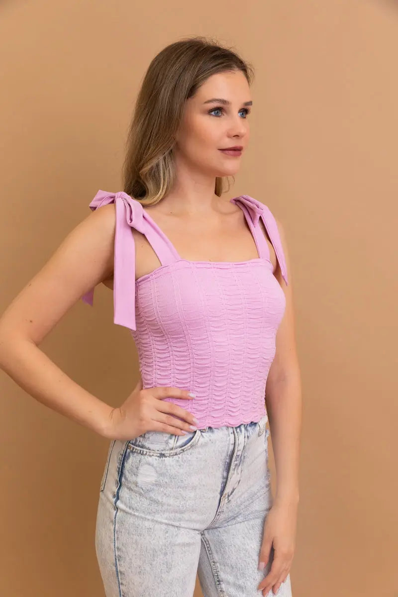Seamless Vertical Smocked Tie Shoulder Top π - MeeeShop Women's Fashion