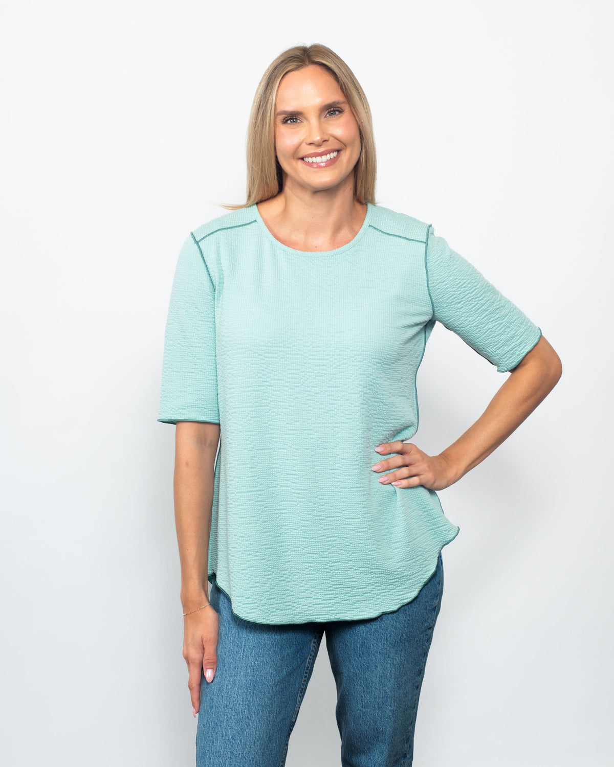 Seersucker Contrast 3/4 Sleeve Top in Mint/Dark Mint - Contrast Top