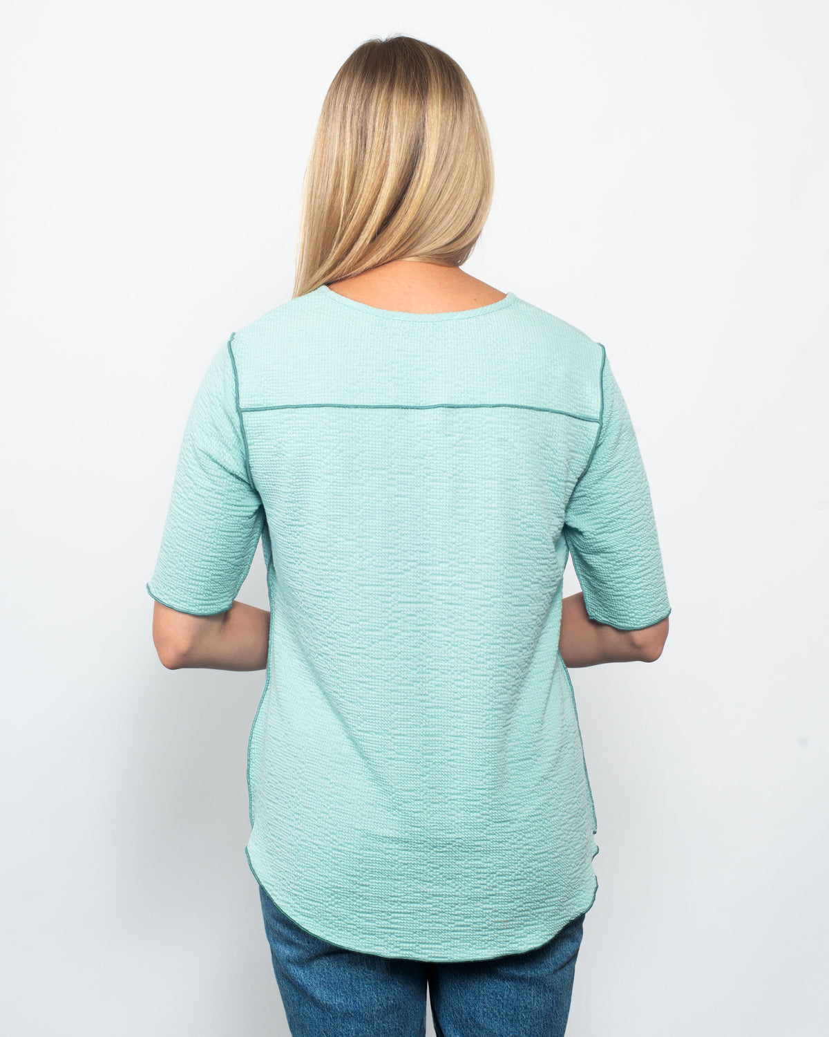 Seersucker Contrast 3/4 Sleeve Top in Mint/Dark Mint view 3 - Contrast Top