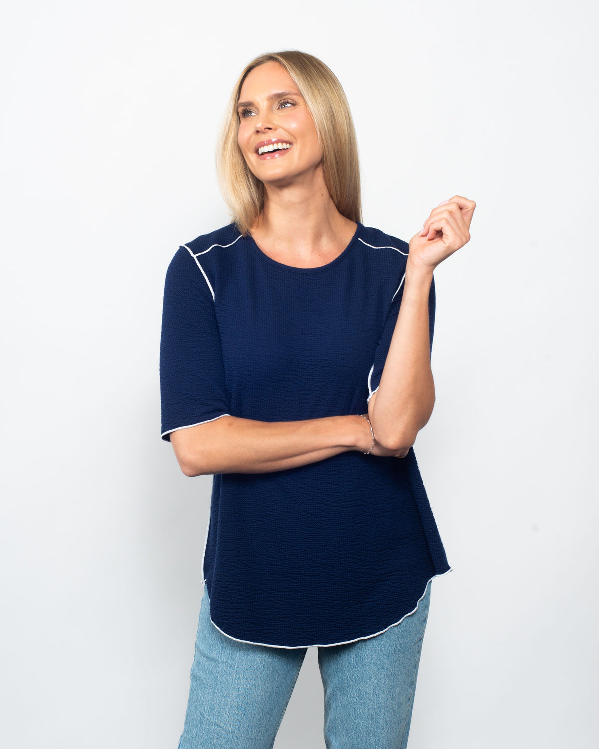 Seersucker Contrast 3/4 Sleeve Top in Mint/Dark Mint view 4 - Contrast Top