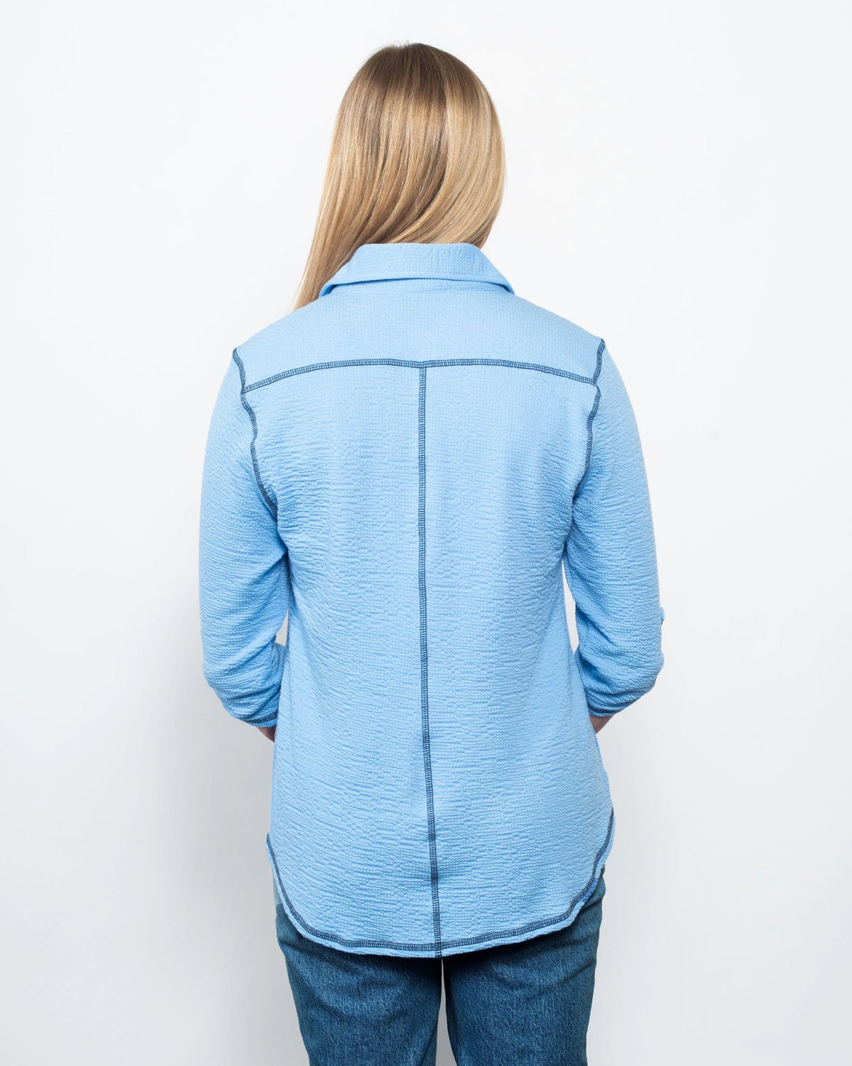 Seersucker Contrast Stitching Button Up in Navy/White view 5 (piece)