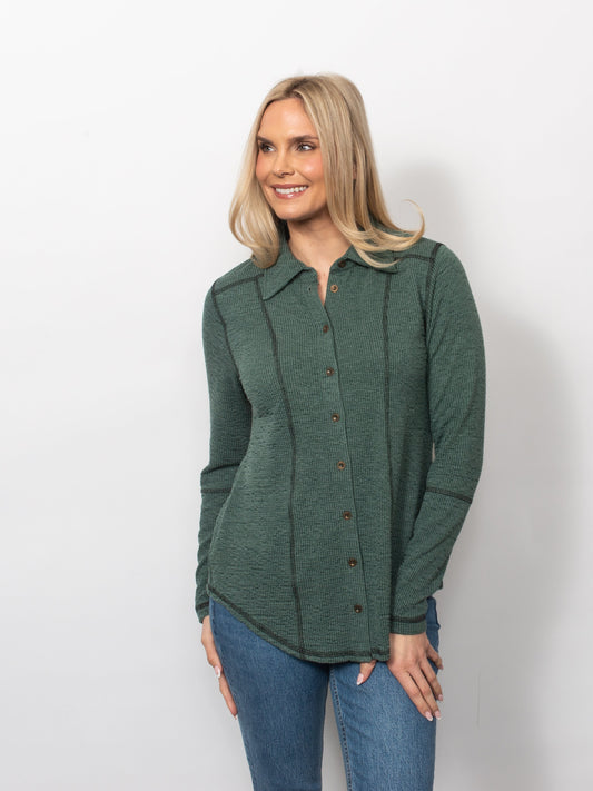 Seersucker Contrast Stitching Button up Shirt in Jade/Black view 2 - Button Shirt (top)