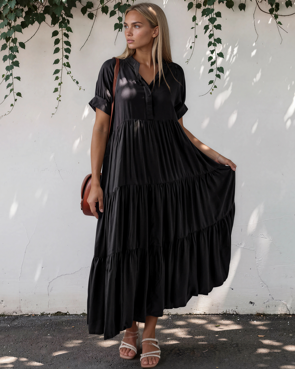 Selah Ruffle Tiered Long Flared Dress in S