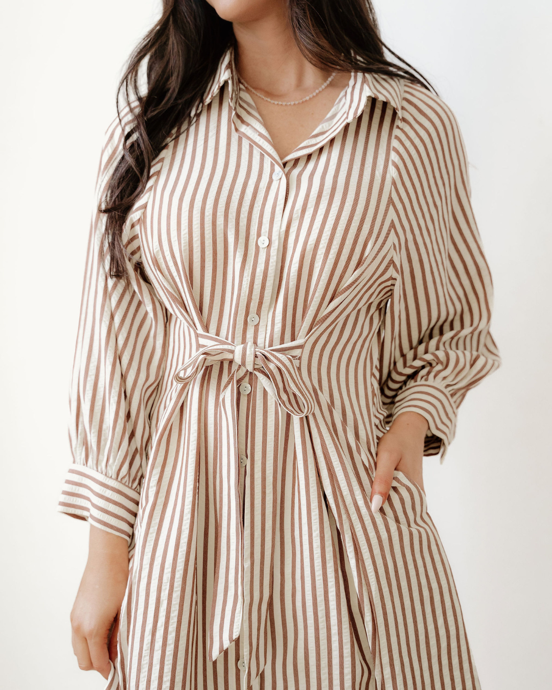 Serena Stripe Knot Waist Puff Sleeve Button Down Mini Shirt Dress in XL view 4 - Serena Striped Dress