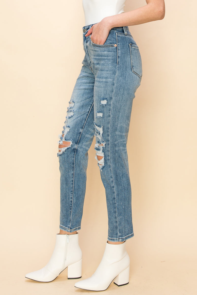 Serenity High Rise Stretch Distressed Mom Jeans in 7 (27) view 3 - High-Waisted (bottom)