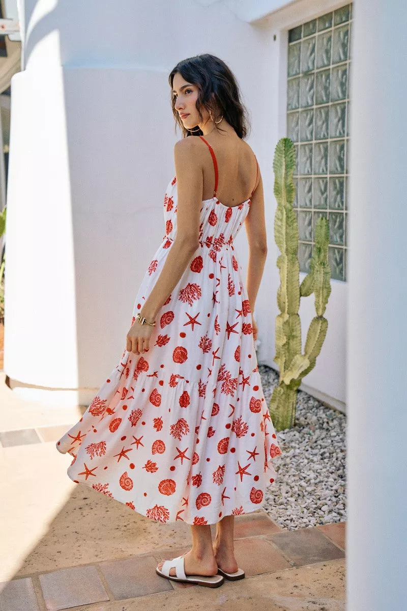 shell print tiered So Me Shell Print Tiered Lined Midi Cami Dress with Belt view 6 (dress) - shop at us.meeeshop