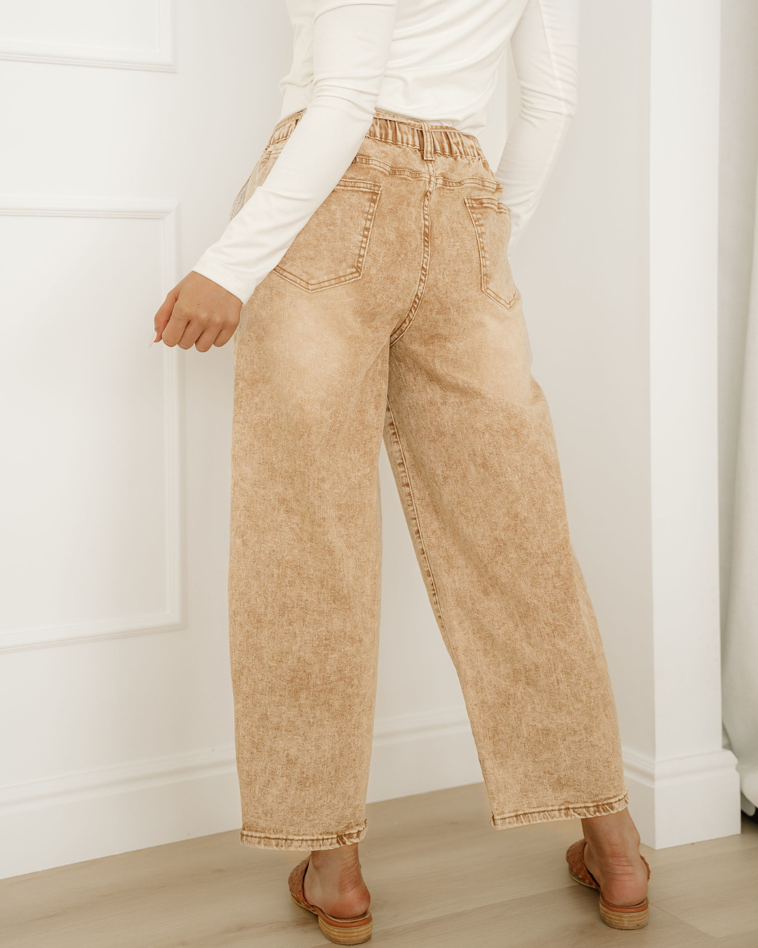 Shiloh Acid Wash Barrel Fit Denim Pants with Waist String - Sand view 8 - Shiloh Barrel Jeans (bottom)