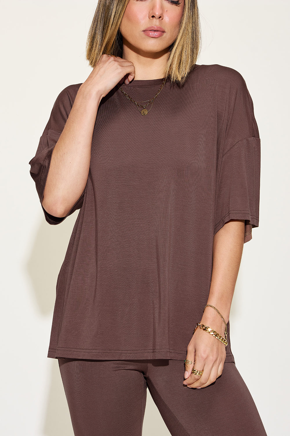 Shopbasicbae Basic Bae Full Size Bamboo Drop Shoulder T-shirt and Flare Pants Set in Coral view 17 - Basic Bae Lounge Set